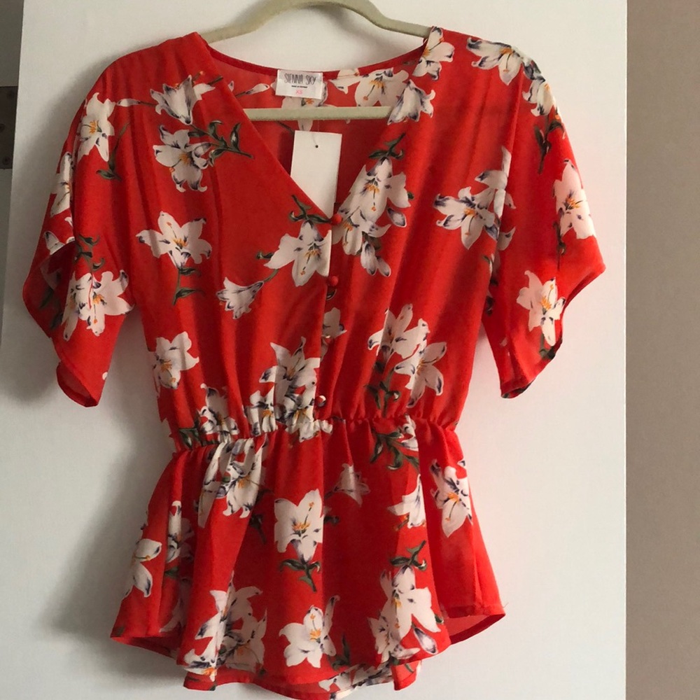 Red FloralButton Down Top